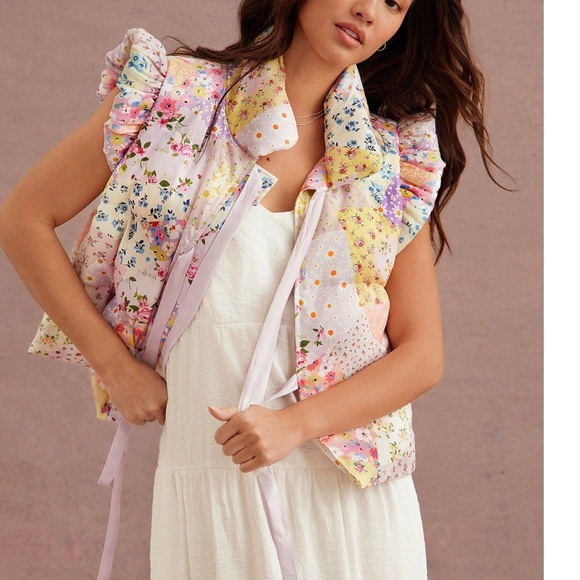 Boho Floral Print Front Tie Puff Sleeve Quilted Puffer Vest - Picture 2 of 7